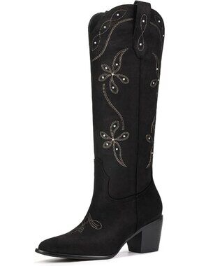 Women's Black Knee High Cowgirl Boots Faux Suede Pointed Toe Chunky Heel Boots